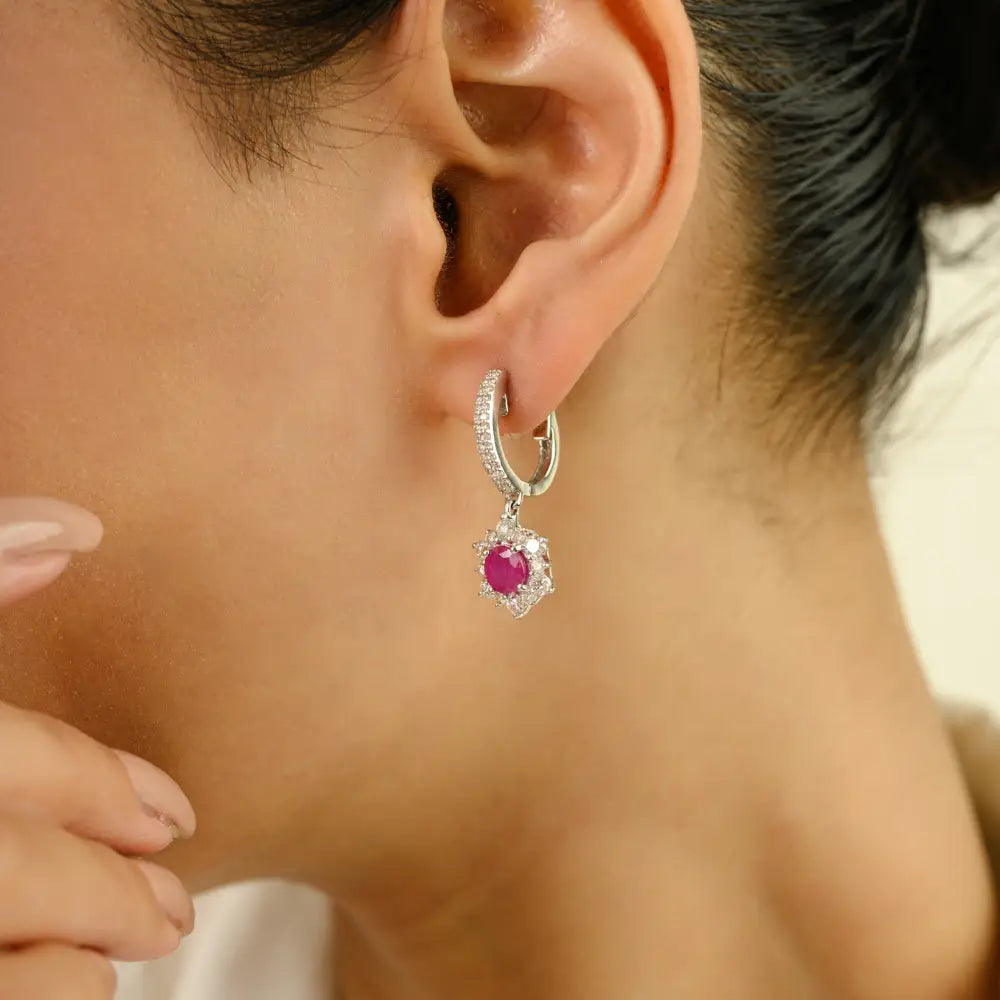 5.5 MM Round Cut Ruby & Diamond Solid 14K White Gold Charm Hoop Drop Earrings Women