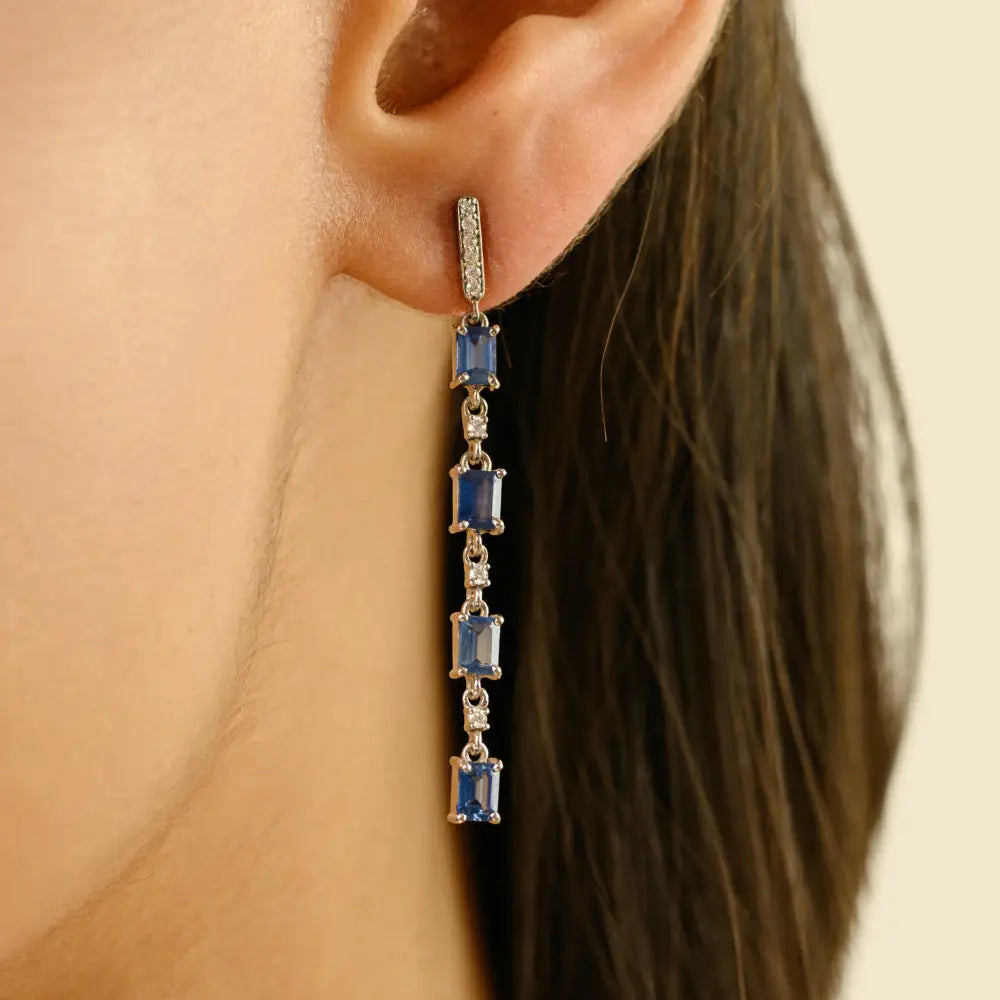K14 White Gold Blue Sapphire & Diamond Women Dangle Earrings Wedding Engagement Jewelry