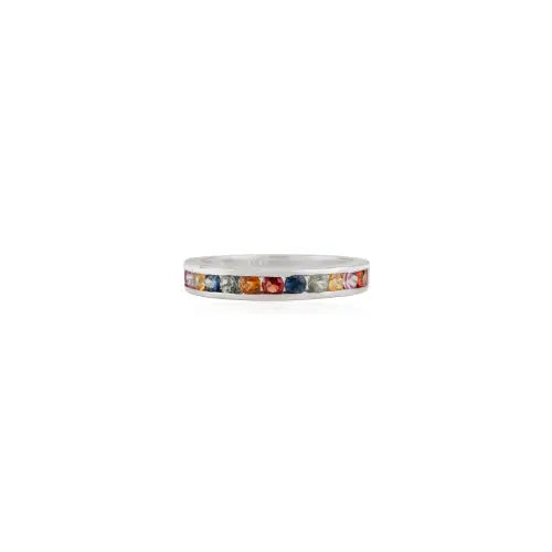 2.5 mm Round Cut Multi Sapphire Gemstone Channel Set 925 Sterling Silver Half Eternity Band Ring