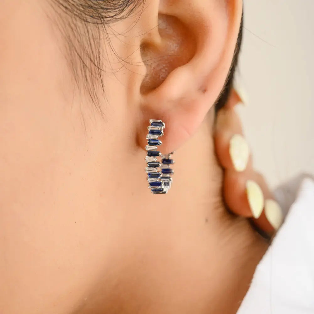 Fashionable Jewelry Natural Blue Sapphire & Diamond 14K Solid White Gold Hoop Earring