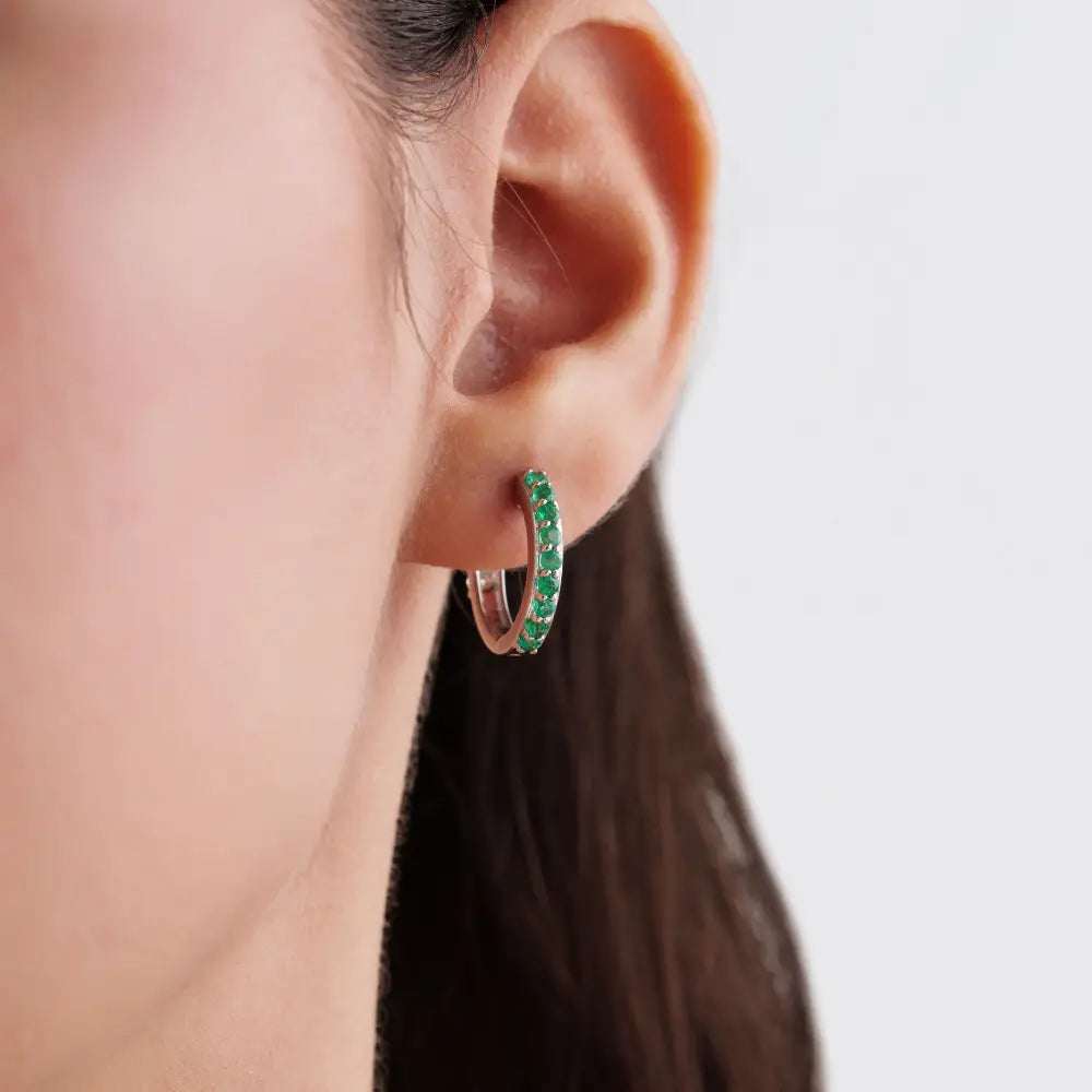 Precious Gemstone Jewelry Solid K18 White Gold Emerald & Diamond Huggie Hoop Earrings