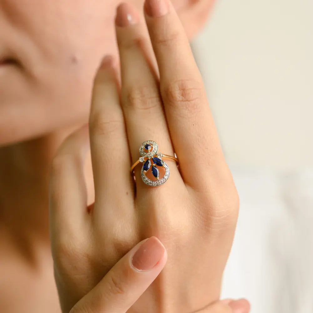 Classic Hot Selling Product Natural Blue Sapphire & Diamond 18K Solid Yellow Gold Flower Design Ring