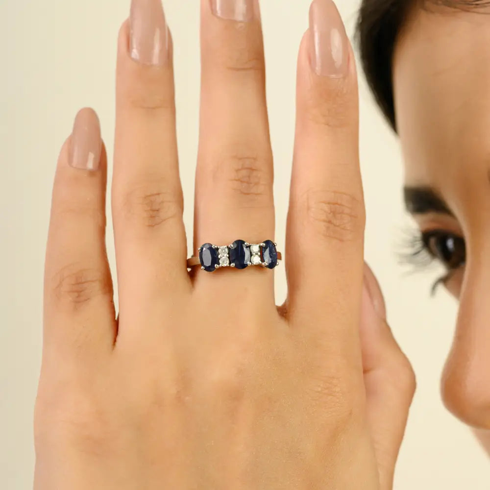 Prong Set Blue Sapphire & Diamond Latest Design 14K Gold Three Stone Ring Stack Jewelry