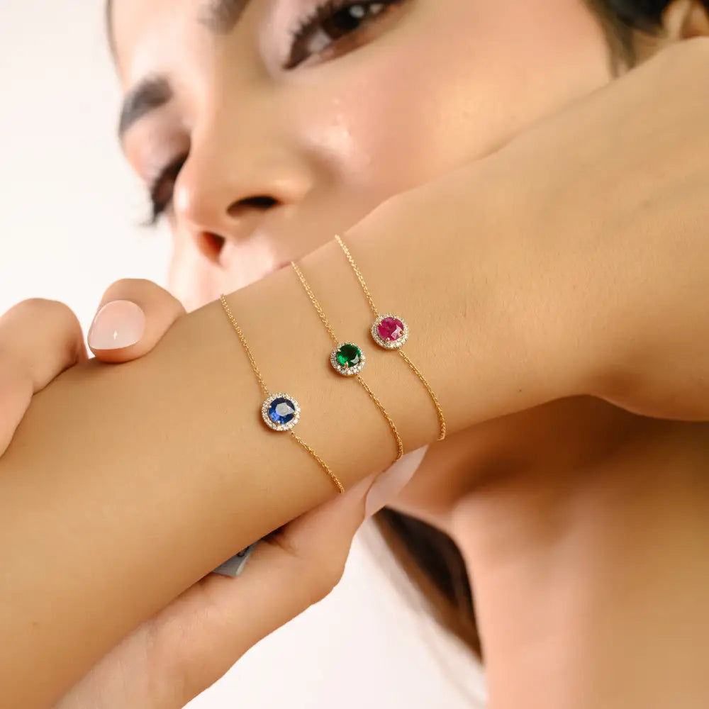 Round Cut Emerald & Diamond Minimalist Solitaire Halo Bracelet Spring Lock 14K Solid Gold