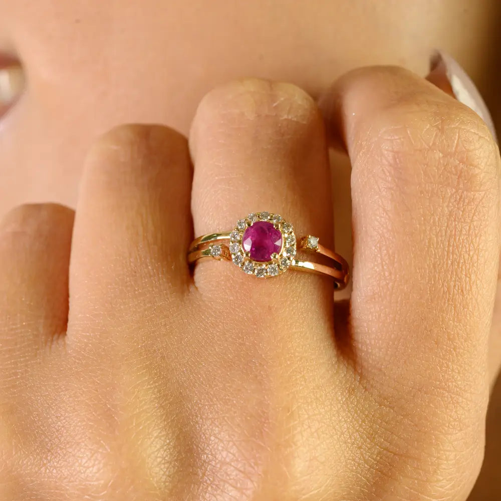 Real Round Ruby & Diamond Cluster Split Shank Ring For Women 14K Yellow Gold Gift For Wife