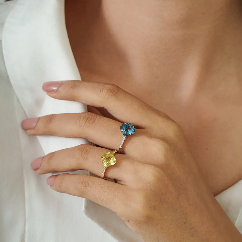 14K Real White Gold Blue Topaz & Diamond Four Leaf Clover Shape Minimal Ring Fine Jewelry
