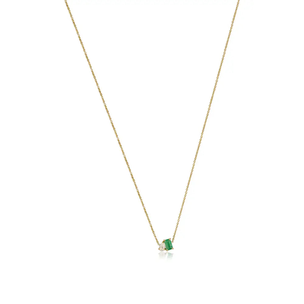 Minimalist Simple Emerald & Diamond Toi et Moi Pendant Necklace Real K14 Gold Jewelry