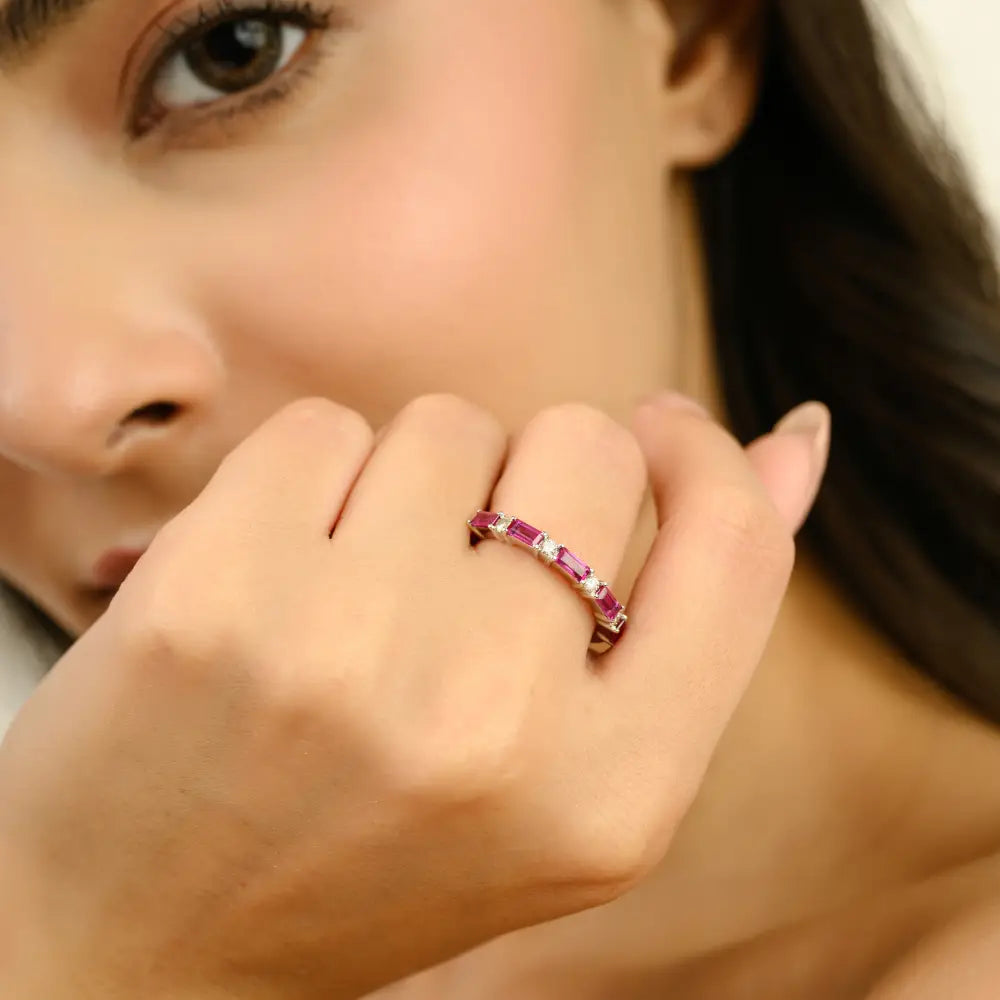 Trending Jewelry 14K White Gold Ruby & Diamond Stackable Half Band Ring Anniversary Gift