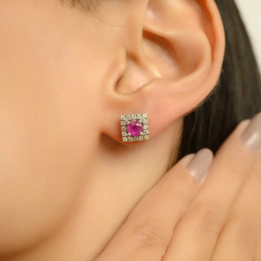 Hot Selling 100% Natural Ruby & Diamond Halo Square Stud Earrings in 925 Sterling Silver