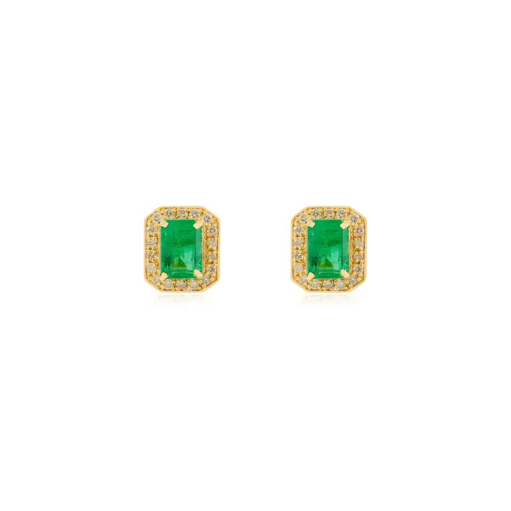 K14 Yellow Gold Octagon Shape Emerald & Diamond Push Back Halo Stud Earrings Women