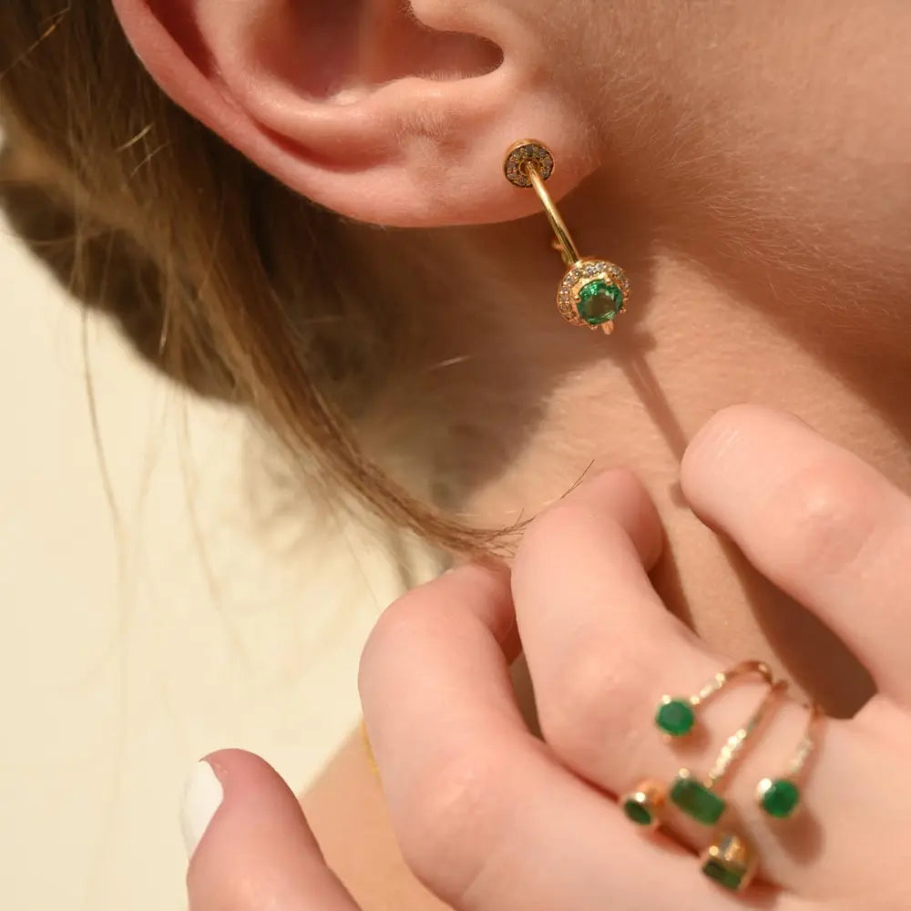 Fine Jewelry Natural Emerald & Diamond 14K Solid Yellow Gold May Birthstone Earring