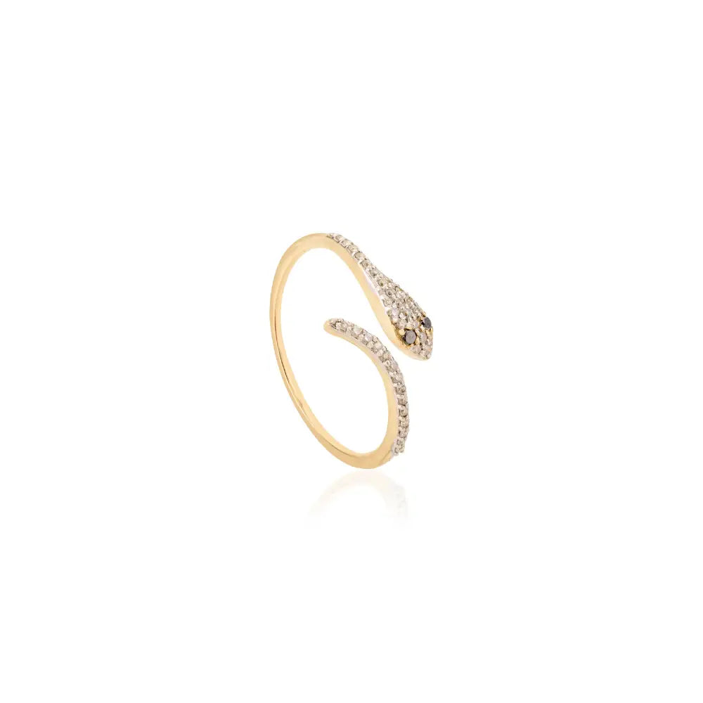 Minimalist Natural White & Black Diamond Snake Ring For Unisex 14K Yellow Gold Animal Jewelry