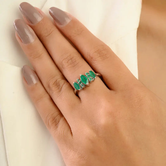 Vintage Style Marquise & Round Cut Emerald Sterling Silver Ring