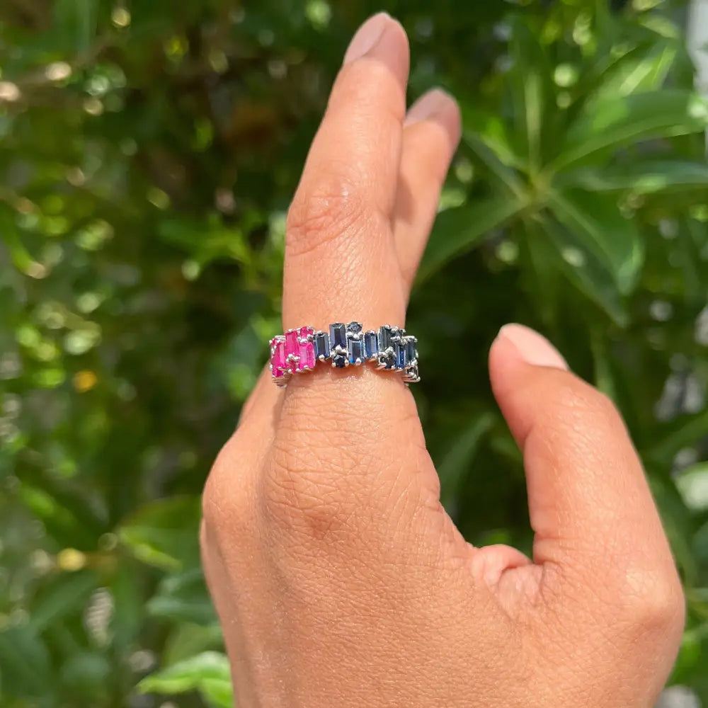 Precious Quality Real Ruby & Blue Sapphire Eternity Band Ring Set In Prong Setting 925 Sterling Silver