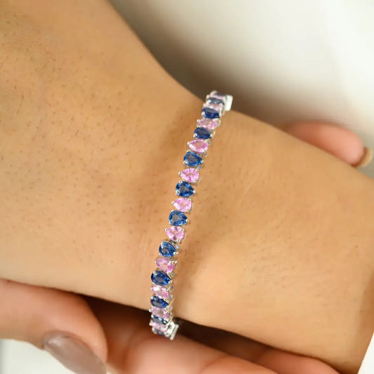 18K White Gold Pear Shape Pink & Blue Sapphire Tennis Bracelet Stackable Jewelry Supplier