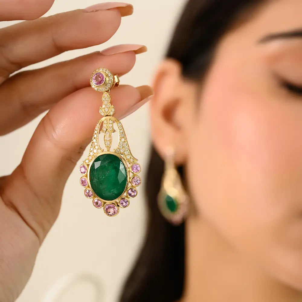 Luxurious Emerald Pink Sapphire & Diamond 14K Yellow Gold Wedding Chandelier Earrings