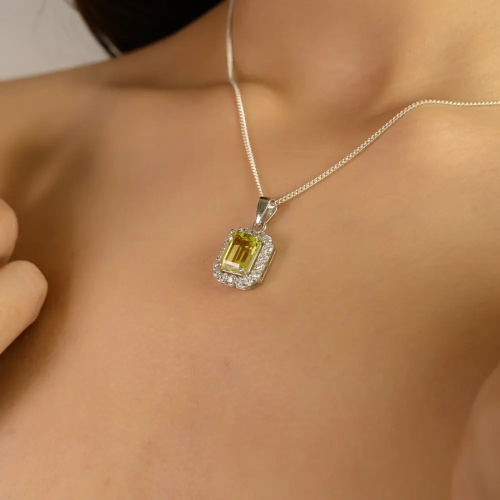 Octagon Lemon Topaz With Diamond Halo Setting 925 Silver Cluster Pendant