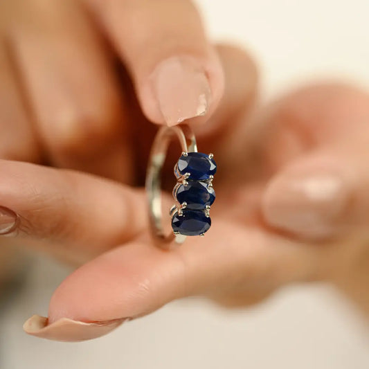 Elegant Design Oval Shape Blue Sapphire Three Stone Ring For Unisex 14K Real White Gold