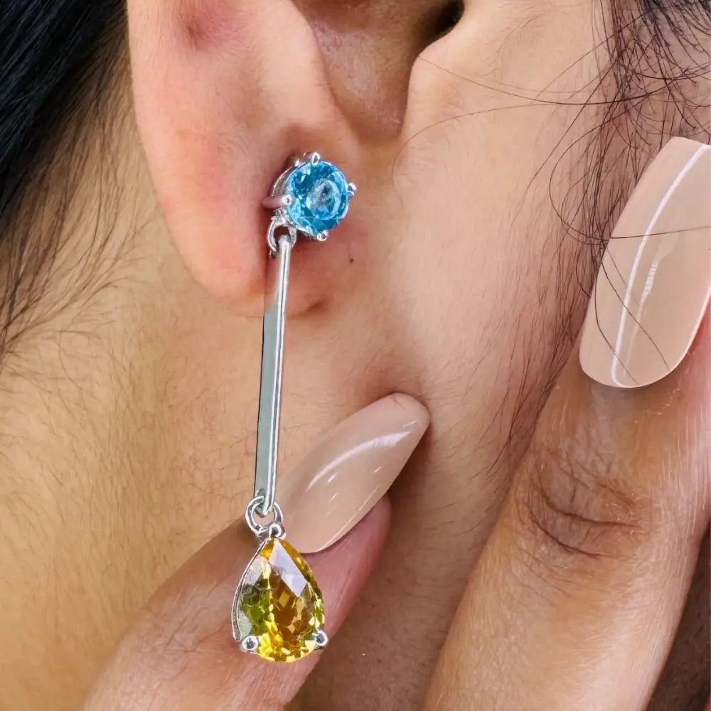 Customized Silver Jewelry Fine Blue Topaz & Citrine Long Dangle Drop Earrings For Women