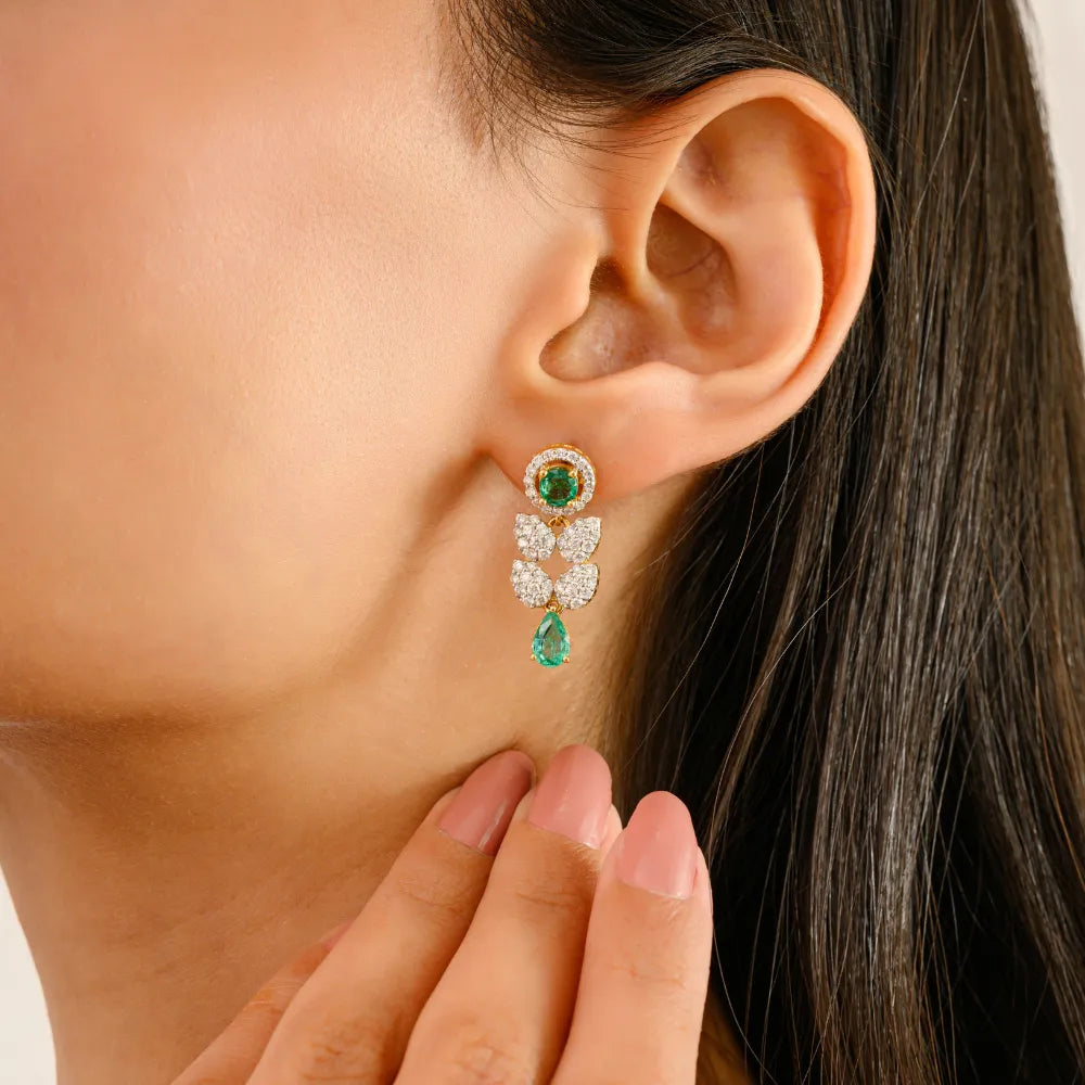 New Trendy Design 14K Gold Emerald & Diamond Drop Earrings For Women Wedding Jewelry