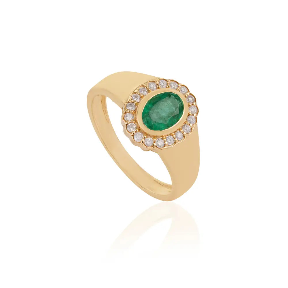 Precious Gemstone Emerald & Diamond Halo Signet Ring 14K Yellow Gold Handmade Jewelry