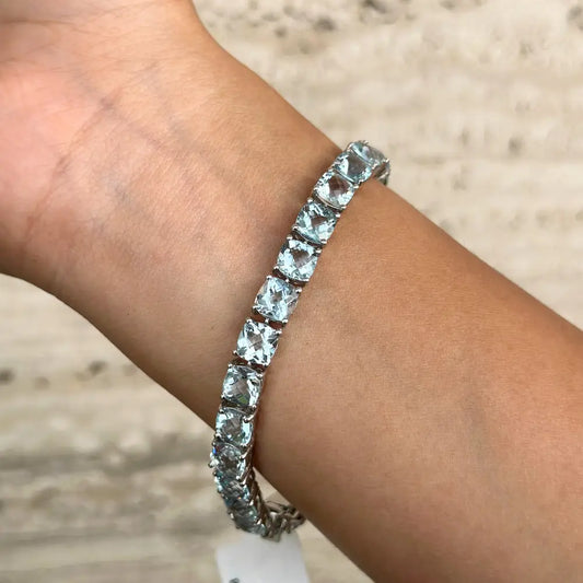 Best Selling Products Cushion Cut Aquamarine 925 Sterling Silver Tennis Bracelet Custom Gemstone Jewelry