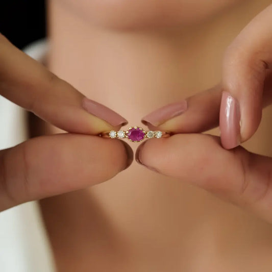 Pinion Bezel Set Ruby & Diamond Minimalist Dainty Ring Solid 14K Real Yellow Gold Fine Jewelry