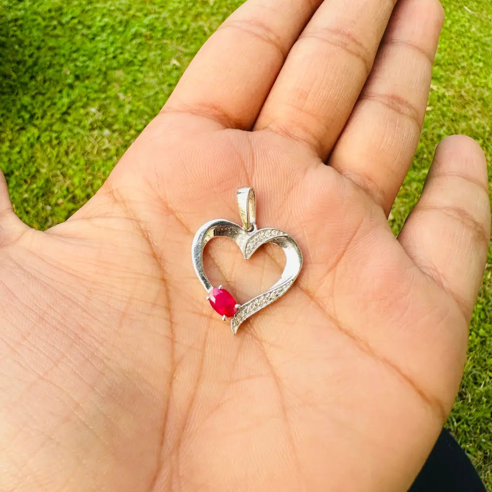 Genuine Oval Ruby & Round American Diamond Heart Shape Pendant For Valentine Day Gift 925 Solid Silver