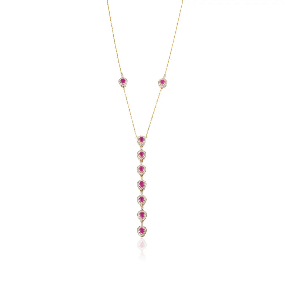 Natural Ruby & Diamond Halo Y Shape Lariat Necklace For Women Wedding 14K Yellow Gold