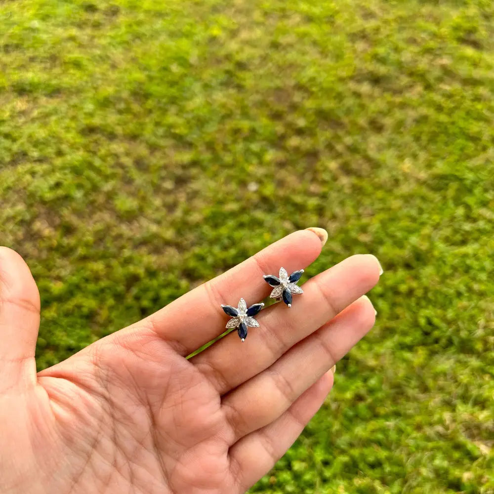 Top Seller Exclusive Blue Sapphire & American Diamond Flower Shape 925 Silver Stud Earrings