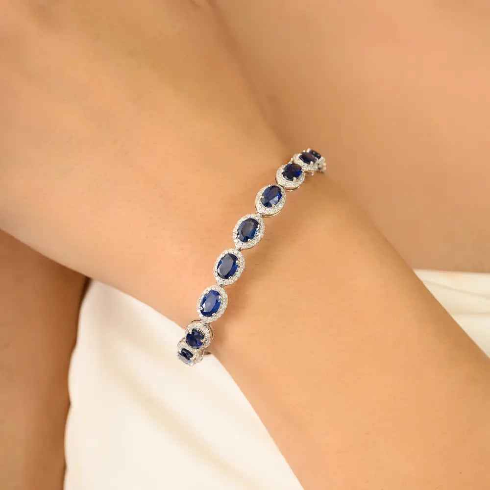 Prong Set Blue Sapphire & Diamond 18K Solid White Gold Halo Tennis Bracelet Statement Jewelry
