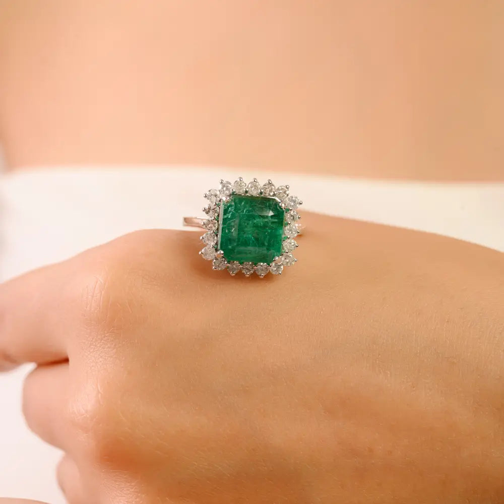 Asscher Cut Emerald & Diamond Fine Cluster Ring 14K Solid White Gold Statement Jewelry