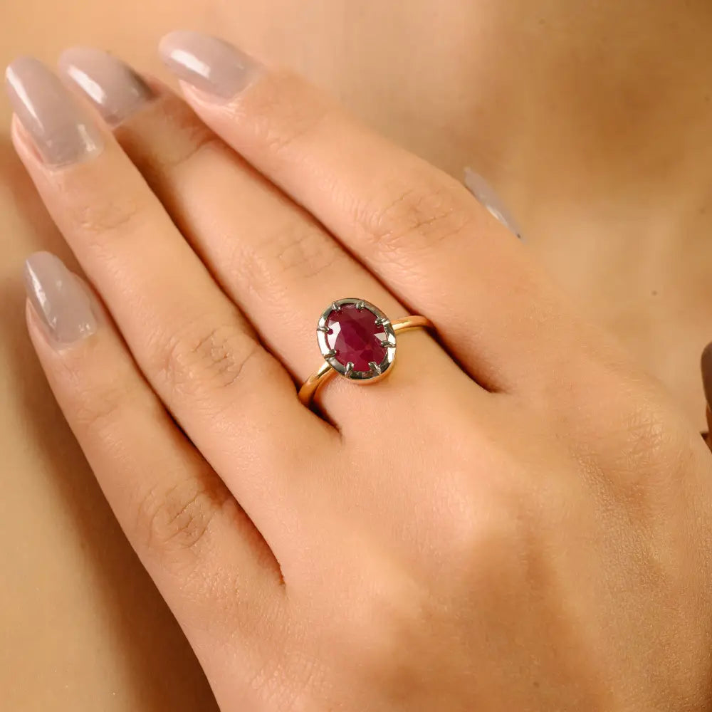 100% Genuine Ruby Single Stone Fine Gemstone Ring Black Rhodium Plated 18K Gold Jewelry