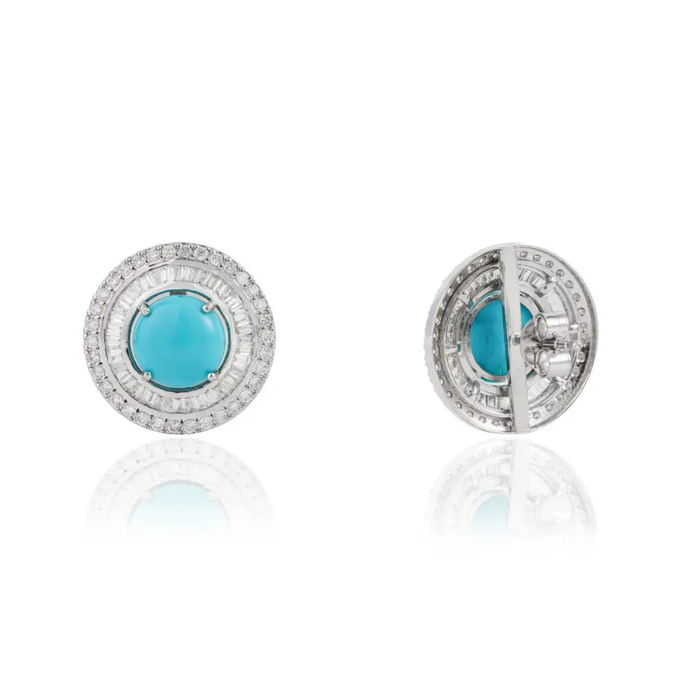 Trending Products 14K White Gold Turquoise & Diamond Round Shape Double Halo Stud Earrings