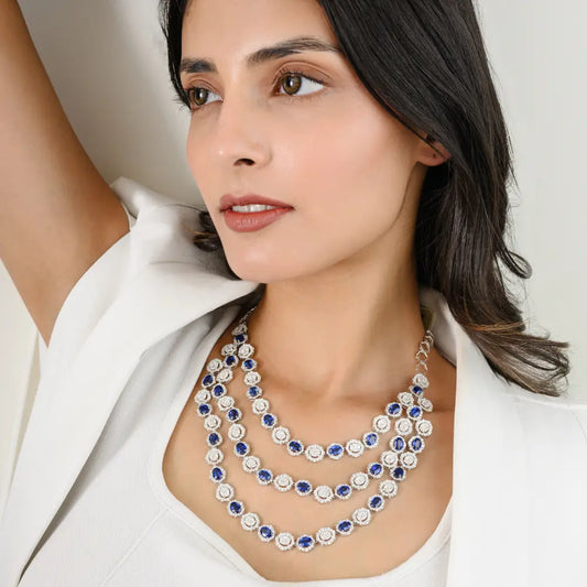 Blue Kyanite & Diamond Triple Layer Necklace Solid White Gold Bridal Engagement Jewelry