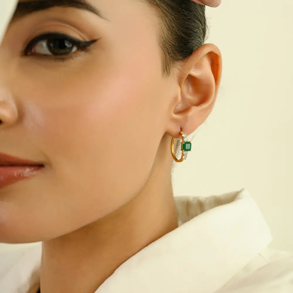 Square Emerald & Round Cut Diamond 18K Solid Gold Fine Hoop Earrings High Quality Jewelry