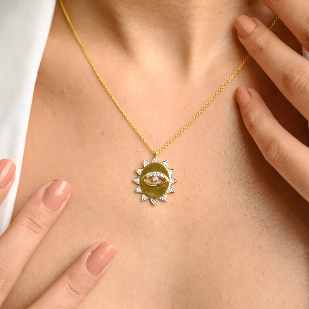 Minimal Jewelry Natural Diamond 18K Solid Yellow Gold Evil Eye Sun Pendant Necklace