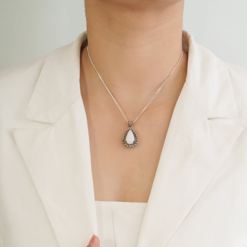 5CTW Pear Shape Natural Opal & Diamond Halo Pendant Fine Jewelry In 925 Sterling Silver