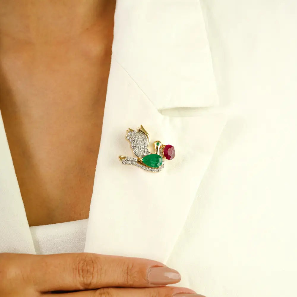 New Creative Design Emerald Ruby & Diamond Dove Brooch K14 Gold Unisex Wedding Jewelry