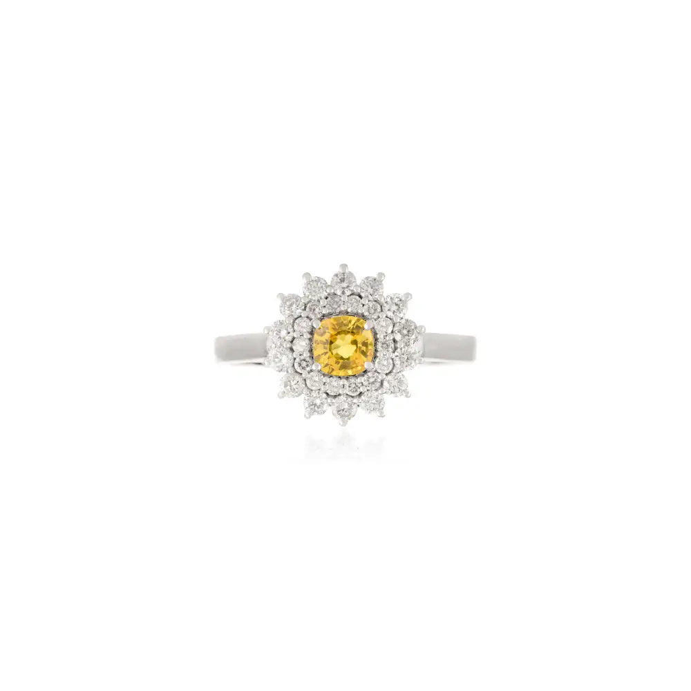 Trending Yellow Sapphire & Diamond Double Cluster Engagement Ring 14K Pure White Gold
