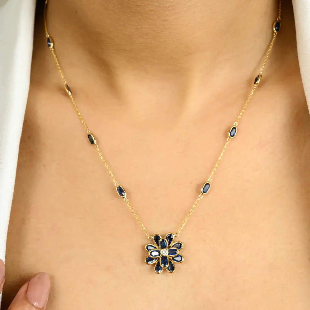 Birthstone Jewelry Solid 14K Gold Blue Sapphire & Diamond Floral Shape Pendant Necklace