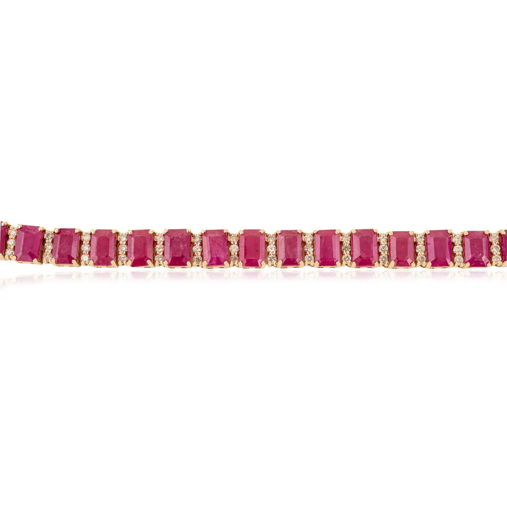 Bridal Jewelry Gemstone Ruby & Diamond Statement Tennis Necklace 14K Solid Yellow Gold