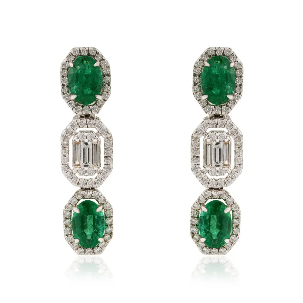 May Birthstone Genuine Emerald & Diamond Drop Earrings Luxury 14K White Gold Jewelry