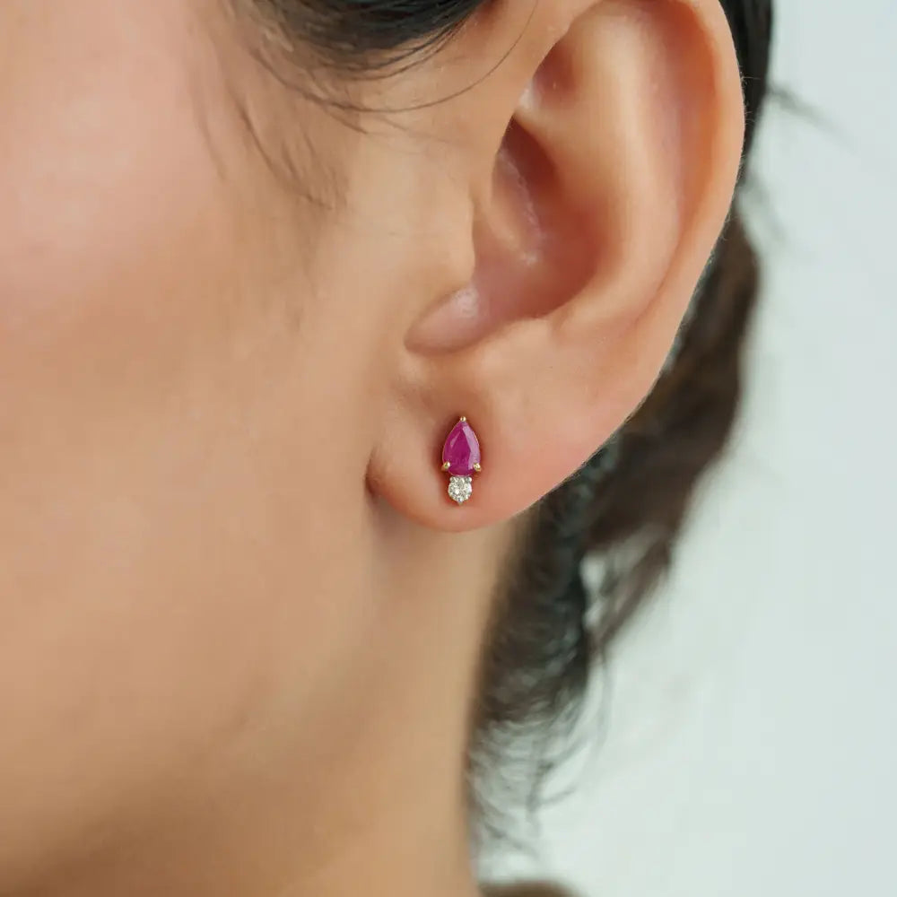 July Birthstone K14 Yellow Gold Ruby & Diamond Minimalist Stud Earrings Everyday Wear Jewelry