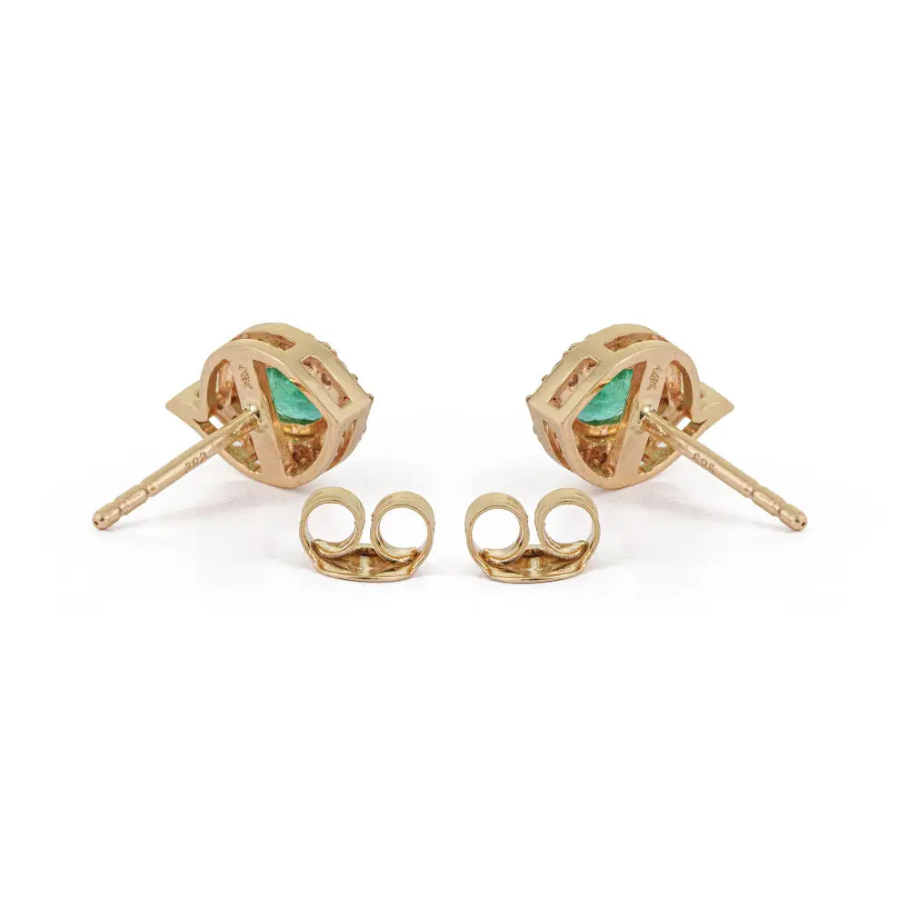 Trendy Design K14 Yellow Gold Emerald & Diamond Halo Stud Earrings For Daily Wear Jewelry
