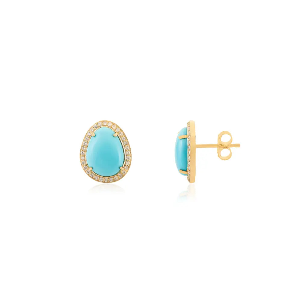 Uneven Shape Turquoise & Diamond Halo Stud Earrings K14 Yellow Gold Women Jewelry