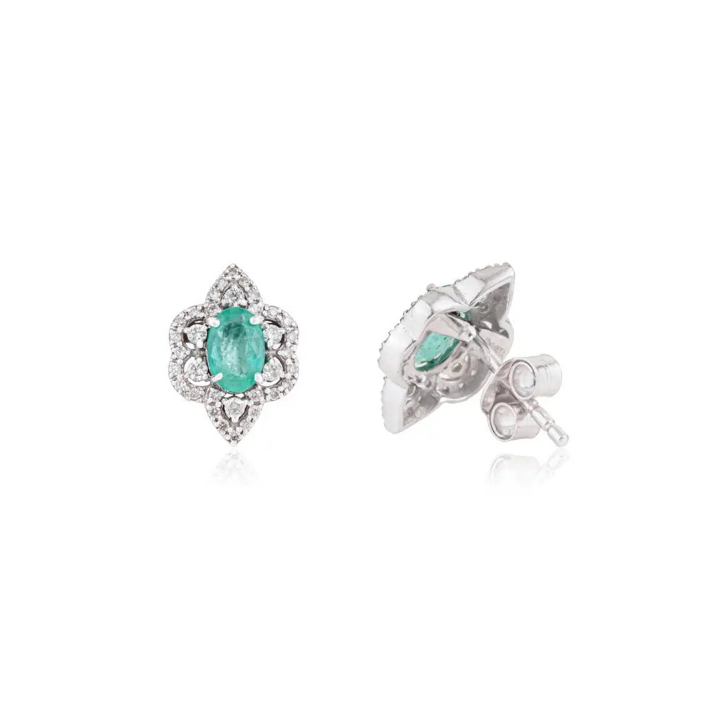 Vintage Style Gemstone Stud Earrings Featuring Emerald & Diamond K14 Real White Gold Jewelry