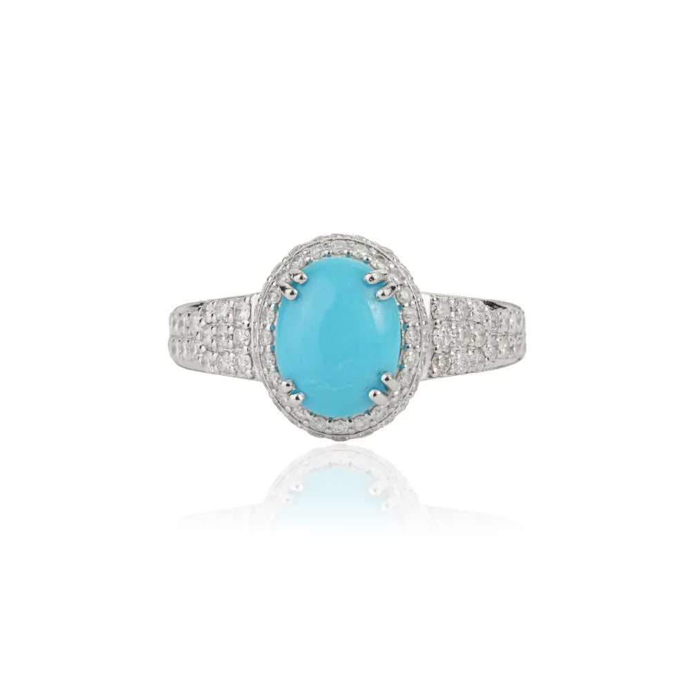 Double Prong Set Turquoise & Diamond Original 14K White Gold Halo Ring For Unisex Jewelry