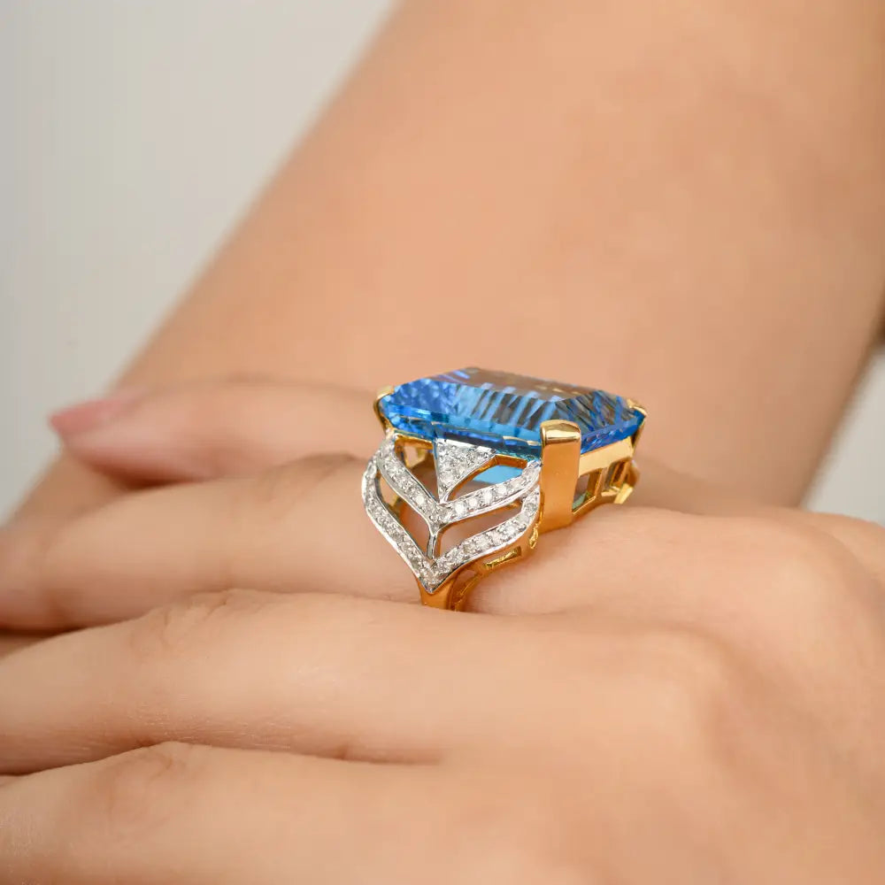 Unique Design Fine Blue Topaz & Diamond Statement Chunky Ring Wholesale Custom Jewelry