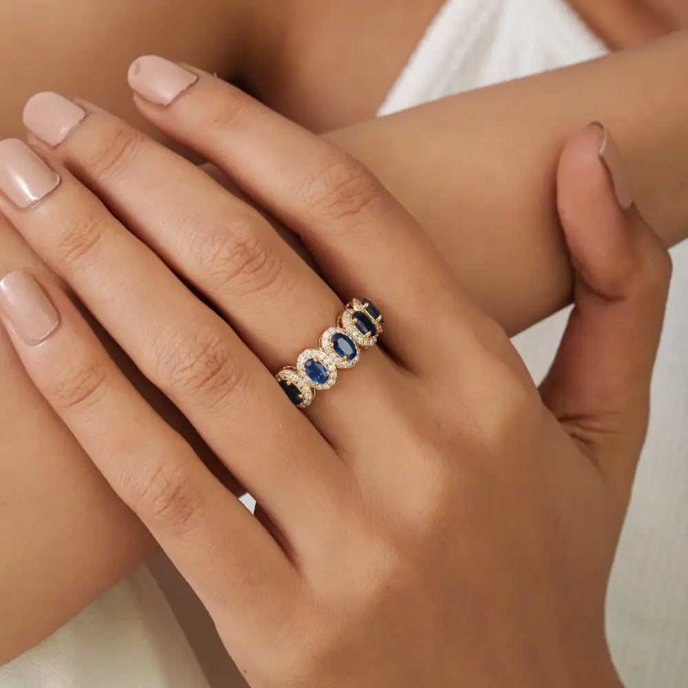 Blue Sapphire & Diamond 14K Solid Yellow Gold Five Stone Half Eternity Band Ring For Wedding